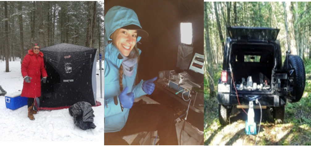 Photographs of the P4SPR deployed in two seasons: (left) winter field deployment showing the instrument sheltered in a tent with snow visible outside; (right) summer deployment showing the instrument on a table in a trailer near a well site.